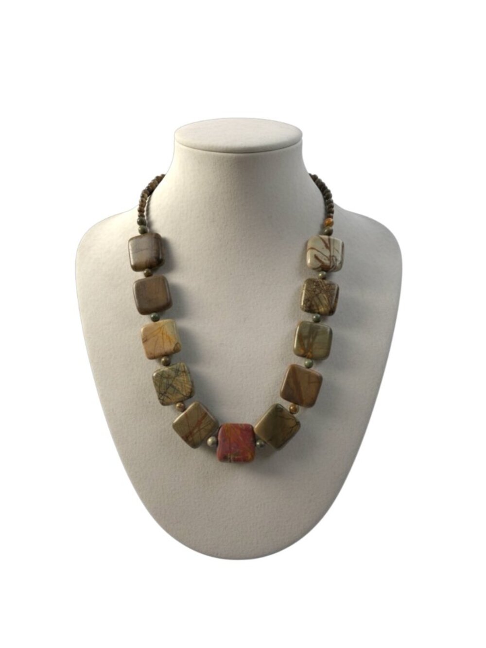 Vintage Jasper Stone Necklace Earthy Square Beads With Toggle Clasp Handmade - Picture 2 of 7